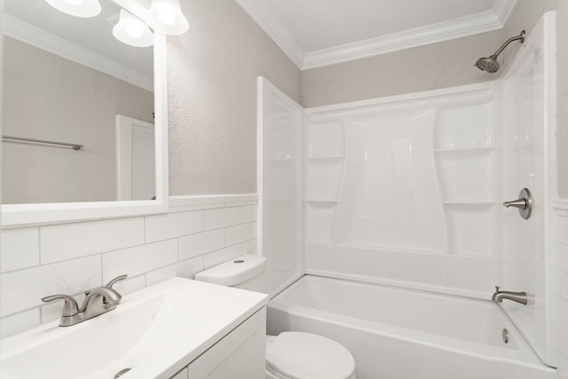 full bathroom featuring tasteful backsplash, ornamental molding, shower / bath combination, and toilet