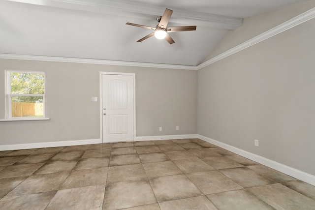 spare room with vaulted ceiling with beams, crown molding, and ceiling fan