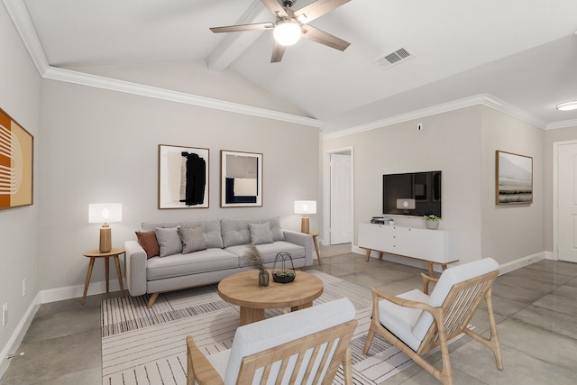 living room with vaulted ceiling with beams, ceiling fan, and ornamental molding