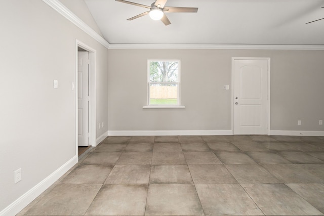 unfurnished room featuring crown molding, ceiling fan, and vaulted ceiling