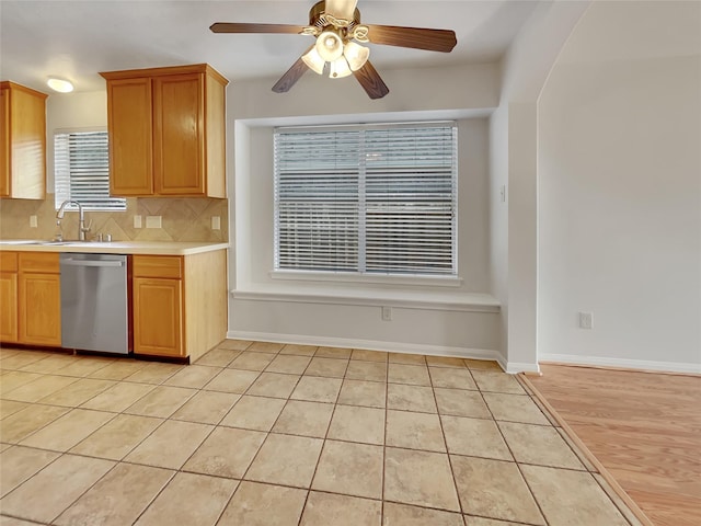 kitchen featuring backsplash, sink, stainless steel dishwasher, ceiling fan, and light tile patterned flooring