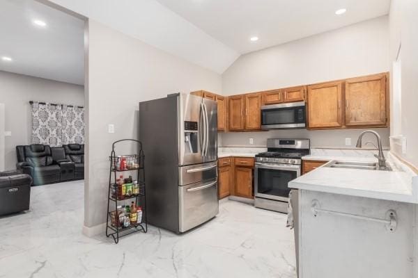 kitchen featuring sink, kitchen peninsula, stainless steel appliances, and high vaulted ceiling