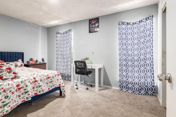 bedroom featuring carpet flooring and a textured ceiling