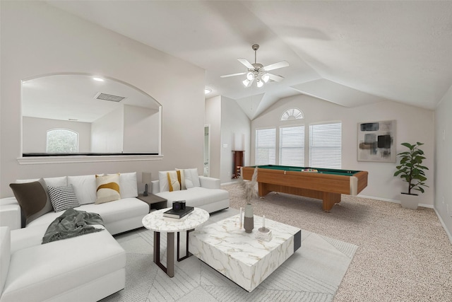 living room with plenty of natural light, light colored carpet, lofted ceiling, and billiards