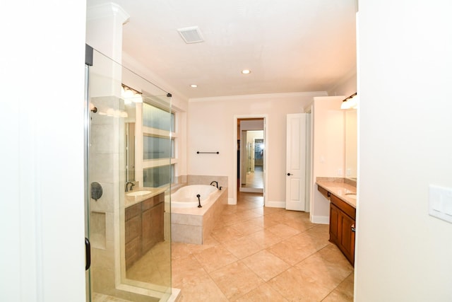 bathroom with tile patterned flooring, vanity, ornamental molding, and shower with separate bathtub