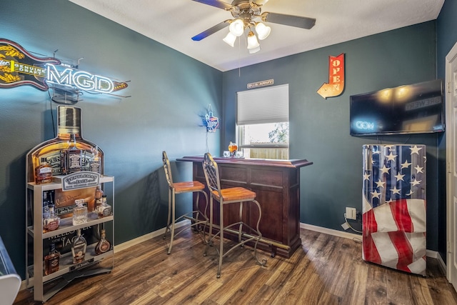 bar featuring ceiling fan and wood-type flooring