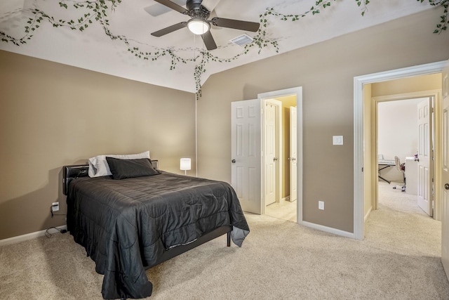 bedroom featuring light carpet and ceiling fan