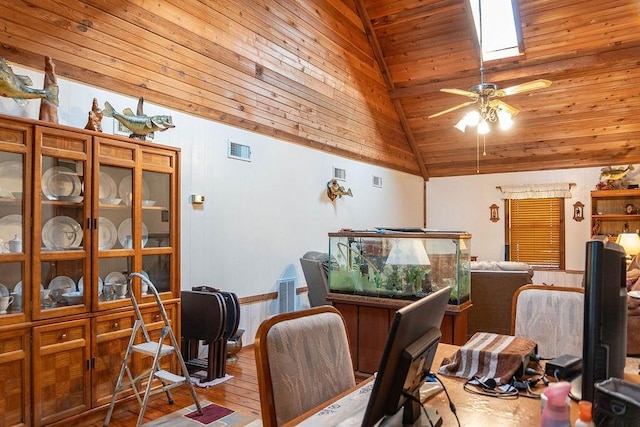 office area with ceiling fan, wooden ceiling, vaulted ceiling, and light wood-type flooring