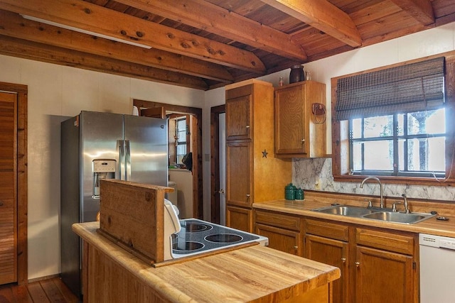 kitchen with dishwasher, wooden ceiling, sink, beamed ceiling, and dark hardwood / wood-style flooring