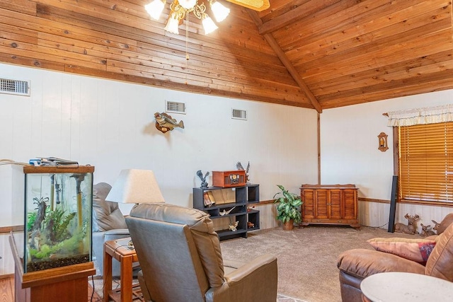 carpeted living room with vaulted ceiling with beams, ceiling fan, wood walls, and wood ceiling