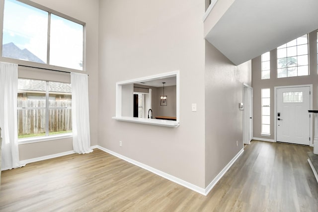 entrance foyer with plenty of natural light, a towering ceiling, and hardwood / wood-style floors