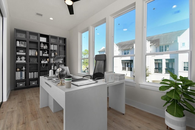 office space featuring light hardwood / wood-style flooring and ceiling fan