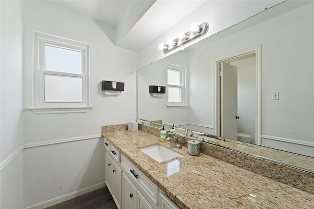 bathroom featuring a wealth of natural light, hardwood / wood-style floors, vanity, and toilet