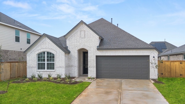 french country inspired facade with a front yard and a garage