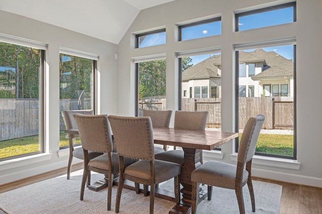 dining space with hardwood / wood-style floors, a healthy amount of sunlight, and lofted ceiling