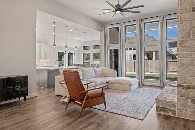 living room with hardwood / wood-style flooring, plenty of natural light, and ceiling fan