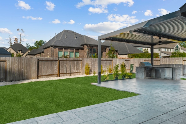 view of yard featuring an outdoor kitchen and a patio