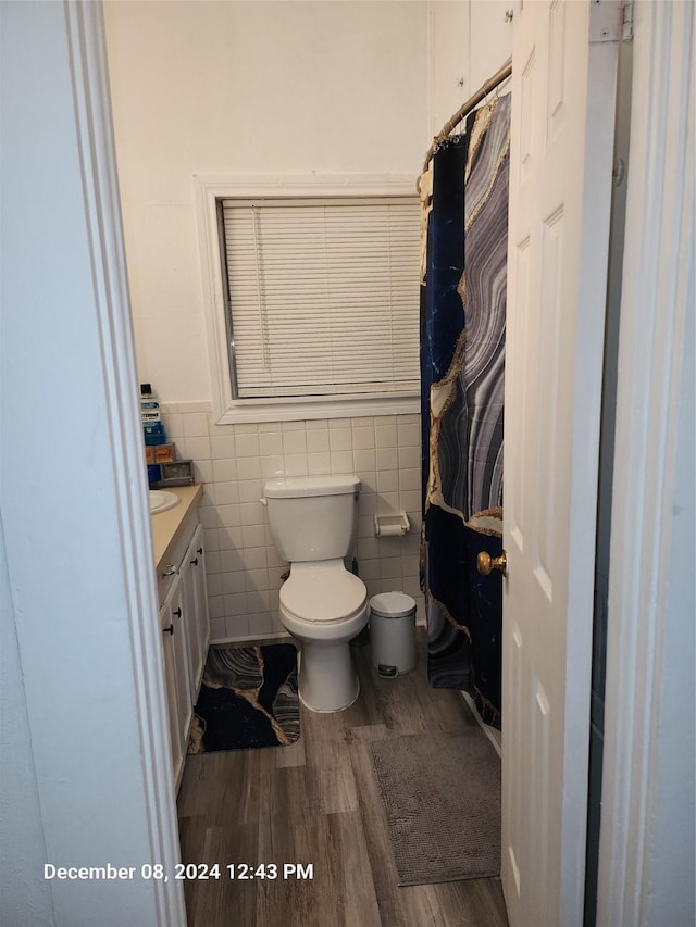 bathroom with hardwood / wood-style floors, vanity, and toilet