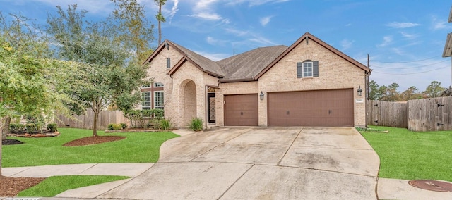 view of front of property featuring a garage and a front lawn