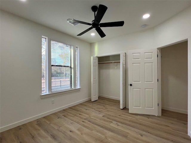 24555 Kerry St, Hempstead, TX 77445 - unfurnished bedroom with light wood finished floors, recessed lighting, a closet, and ceiling fan