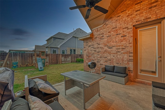 view of patio with a playground and an outdoor hangout area