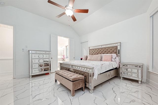 bedroom featuring ceiling fan and vaulted ceiling