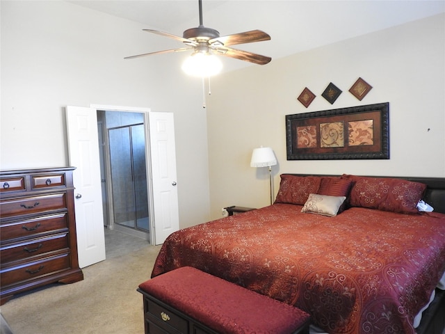 bedroom featuring ceiling fan and light carpet