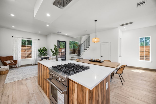 kitchen with hanging light fixtures, high end stainless steel range oven, a wealth of natural light, and light hardwood / wood-style flooring