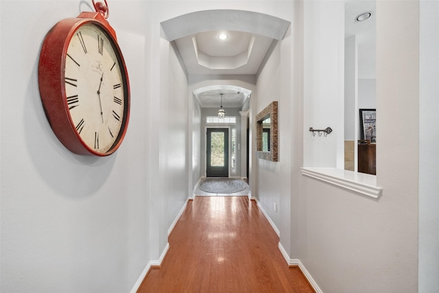 hall with a tray ceiling and wood-type flooring