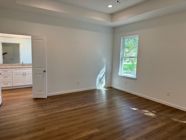 unfurnished bedroom with a raised ceiling, dark hardwood / wood-style flooring, and sink