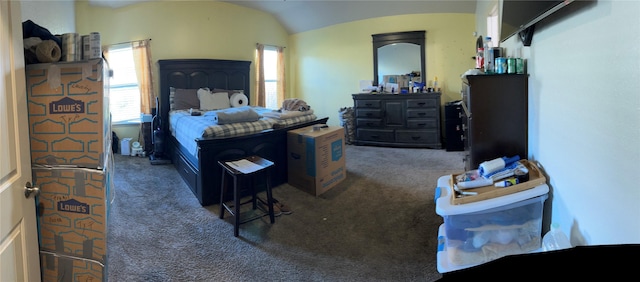 bedroom featuring dark colored carpet and vaulted ceiling