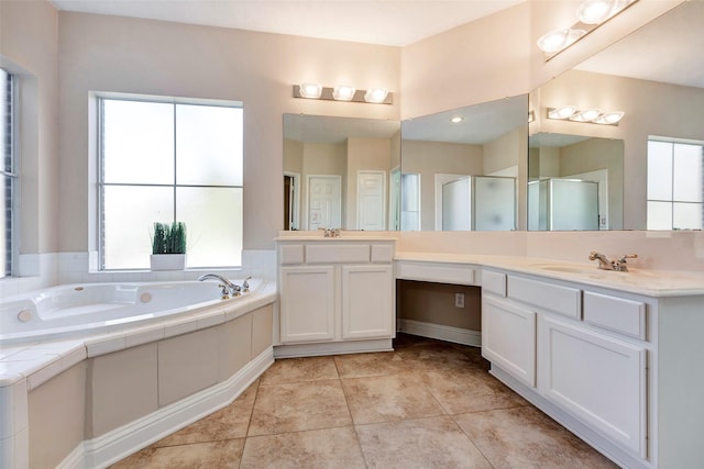 bathroom featuring tile patterned flooring, vanity, and independent shower and bath