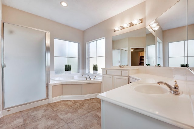 bathroom featuring vanity, tile patterned floors, and independent shower and bath