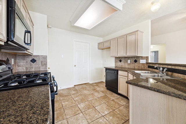 kitchen with black appliances, light brown cabinetry, decorative backsplash, and light tile patterned floors