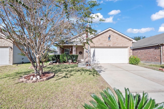 ranch-style house with a garage and a front lawn