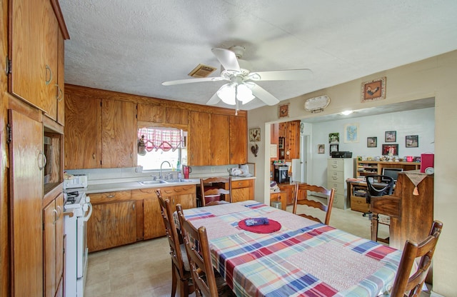 dining space with ceiling fan, sink, and a textured ceiling