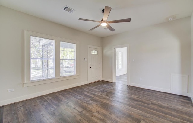 foyer entrance featuring dark hardwood / wood-style flooring and ceiling fan