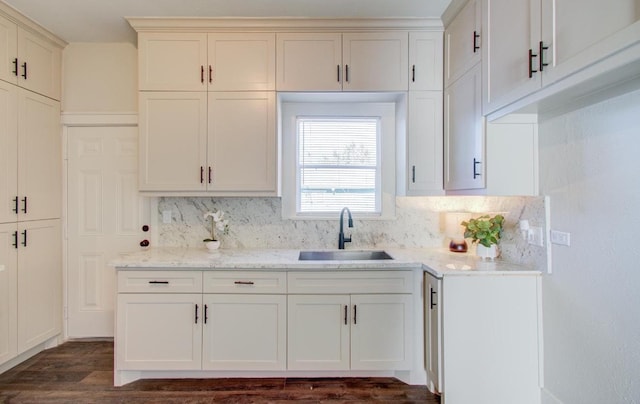 kitchen featuring light stone countertops, dark hardwood / wood-style floors, tasteful backsplash, and sink