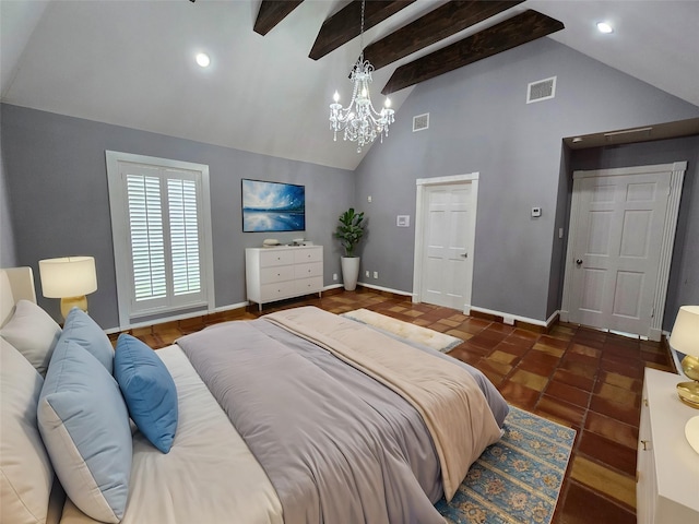 tiled bedroom featuring lofted ceiling with beams and a chandelier