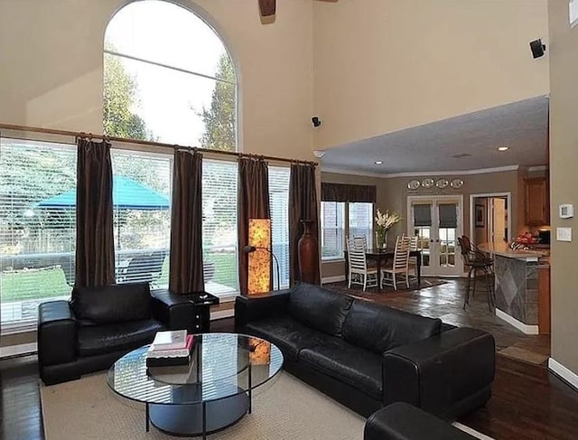 living room featuring wood-type flooring, a towering ceiling, a wealth of natural light, and ornamental molding