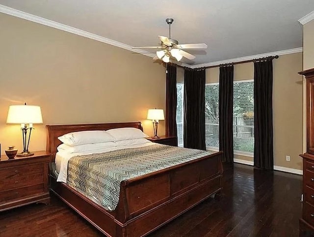 bedroom featuring crown molding, ceiling fan, and dark wood-type flooring