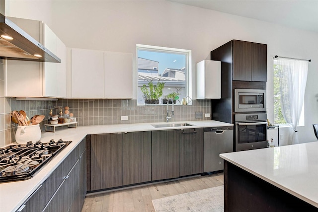 kitchen with sink, wall chimney exhaust hood, light hardwood / wood-style floors, white cabinets, and appliances with stainless steel finishes