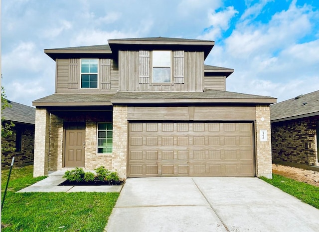 view of front of house featuring brick siding, board and batten siding, concrete driveway, and a garage