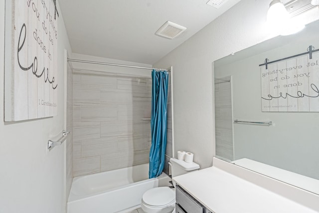 full bathroom with vanity, toilet, and shower / bathtub combination with curtain