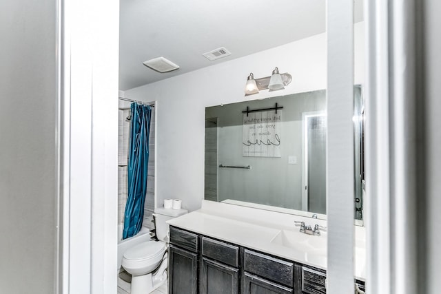 full bathroom with vanity, shower / bath combination with curtain, and toilet