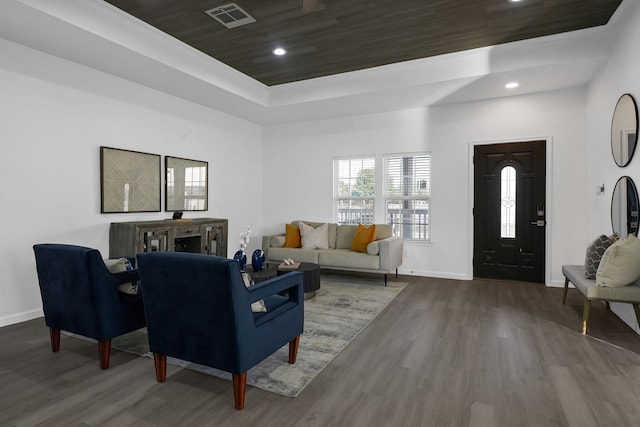 living room with hardwood / wood-style floors and wooden ceiling