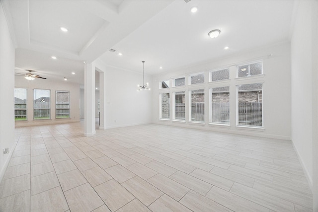 interior space with ceiling fan with notable chandelier