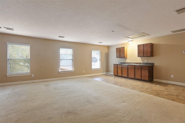 unfurnished living room with plenty of natural light, light colored carpet, a textured ceiling, and sink