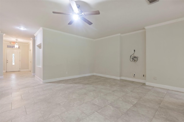 unfurnished room featuring ceiling fan and ornamental molding