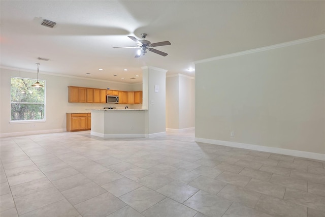 unfurnished living room with ceiling fan, light tile patterned floors, and ornamental molding